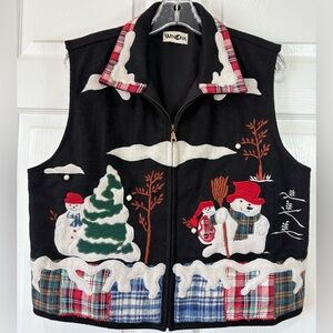 Vintage Winona Snowmen Christmas Tree Wool Vest Pearl And Plaid Accents XL